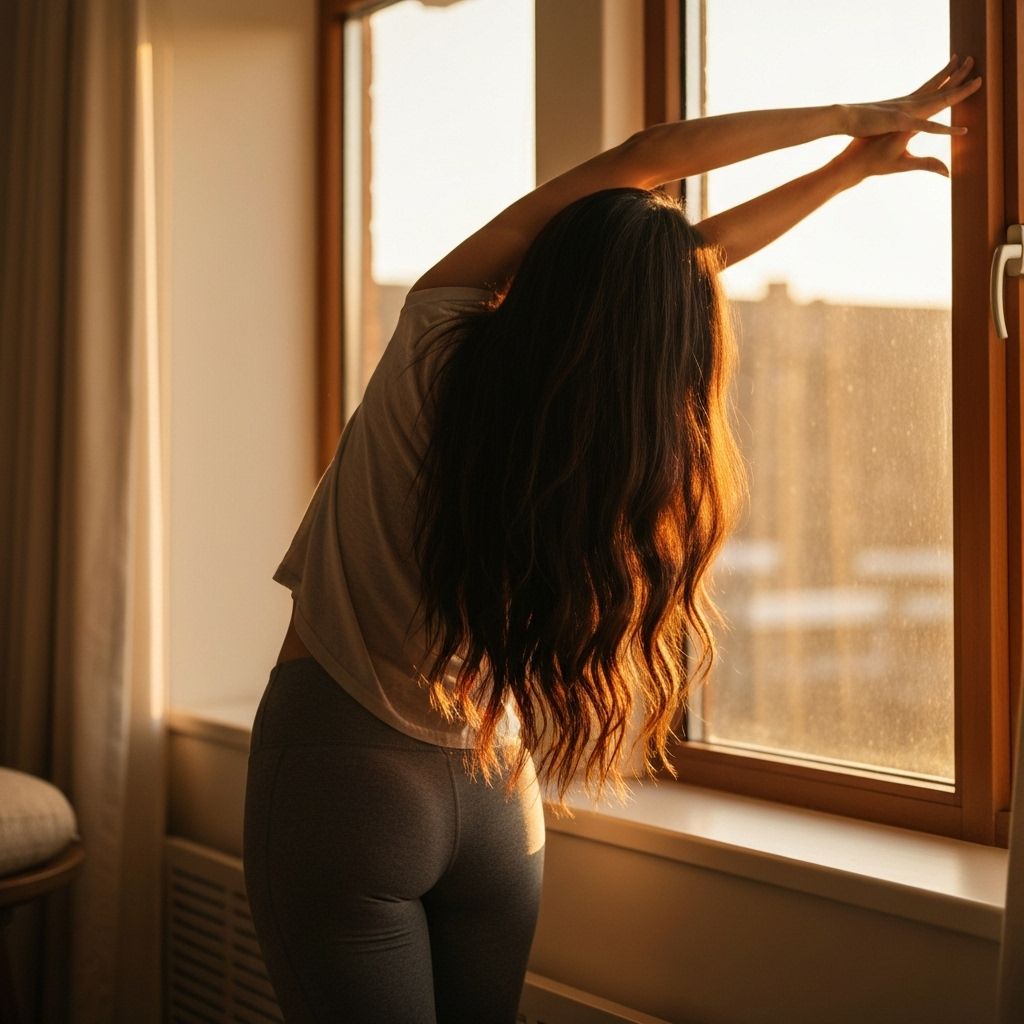 Woman stretching near window in warm sunrise light